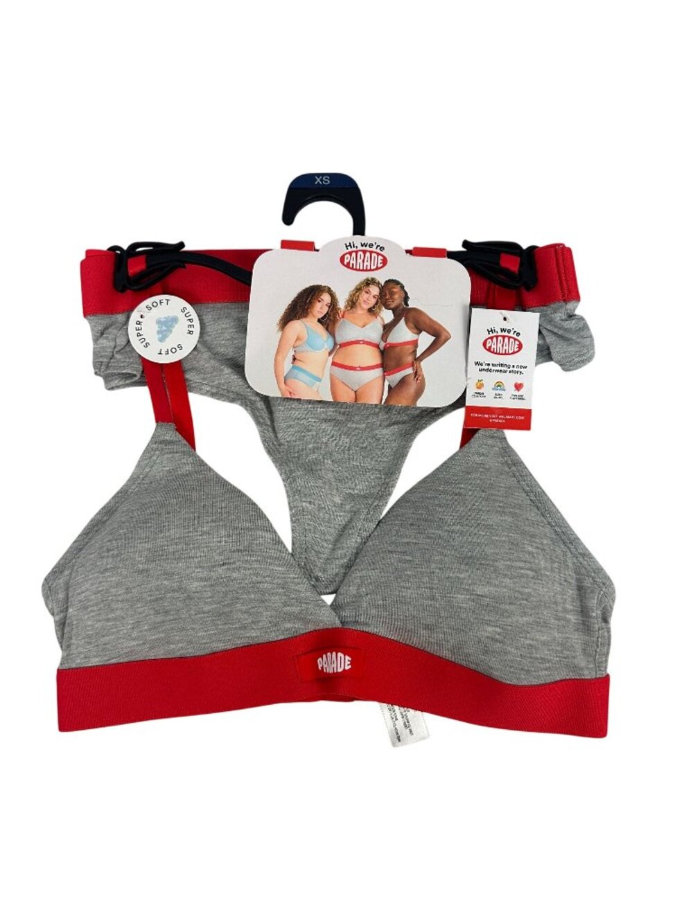 Parade Triangle Bralette XS Grey/Red Wireless Super Soft Adjustable Straps